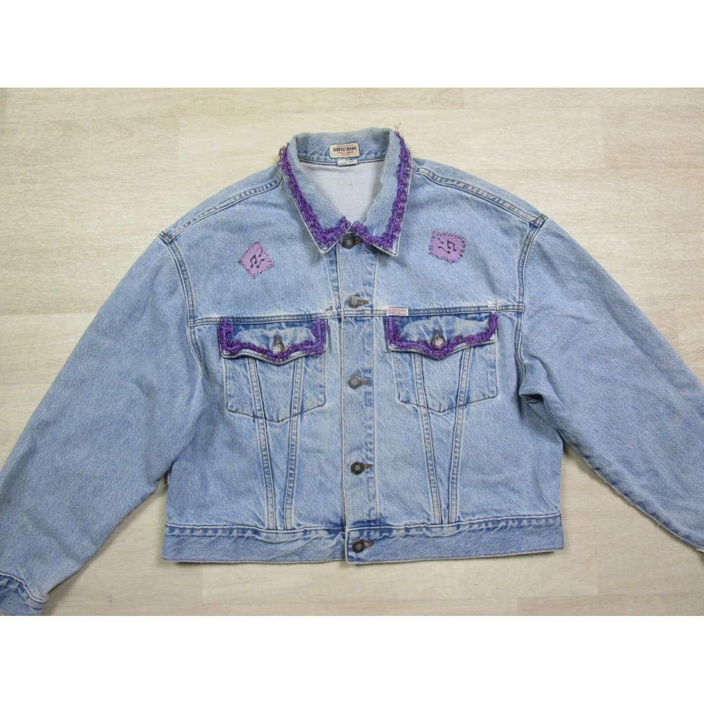 Vintage Guess Jeans Denim Jacket (XL) Original Art JESUS Music Glitter Butterfly